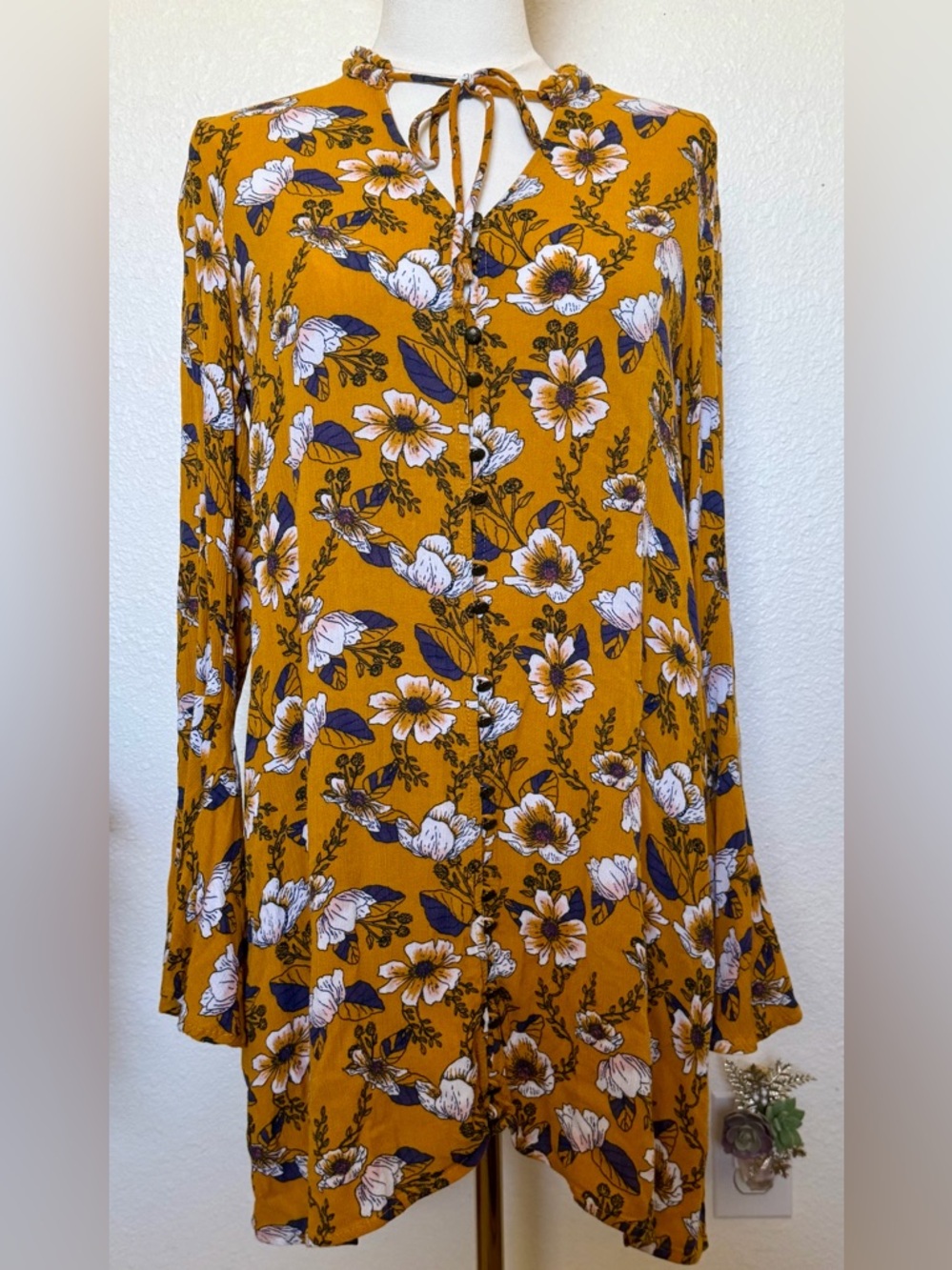Mustard Floral Button-Front Dress